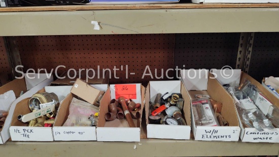 Lot on Shelf of Various Copper Fittings, Brass Fittings, Rough In Kits, Water Hammer Arresters,