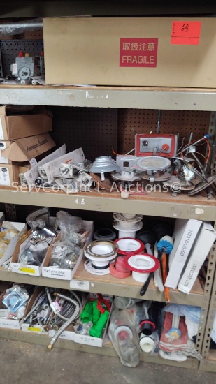 Lot on 4 Shelves of Various Water Heater Flex Lines, Water Heater Heat Elements, Water Heater
