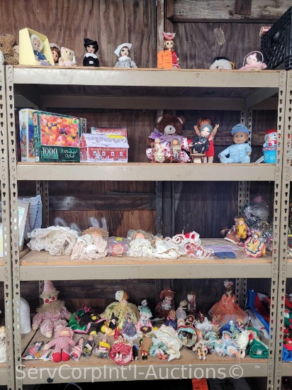Lot on 4 Shelves of Vintage Dolls, Puzzles, Figurines