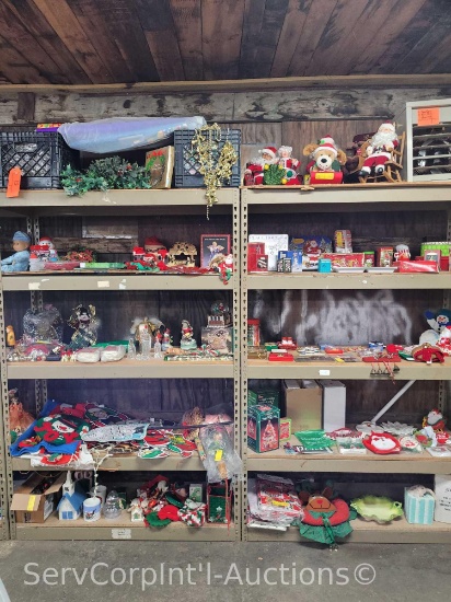Lot on 10 Shelves of Various Christmas Decor
