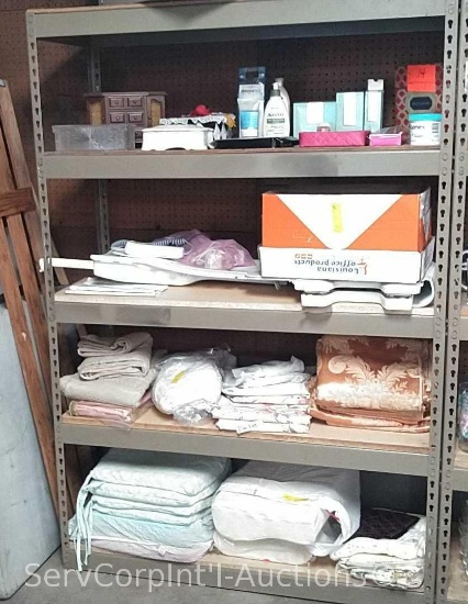 Lot on 4 Shelves of Various Lotions, Jewelry Boxes, Unopened Bath Sponges, Bandages, Curtain,