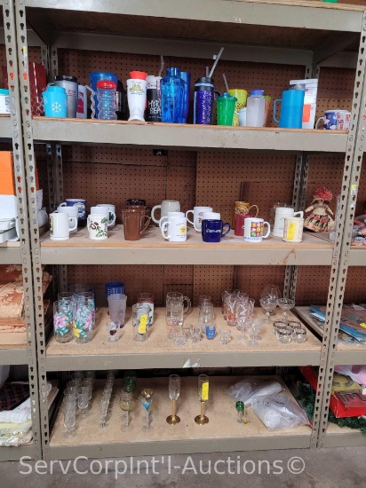 Lot on 4 Shelves of Various Cups & Glasses