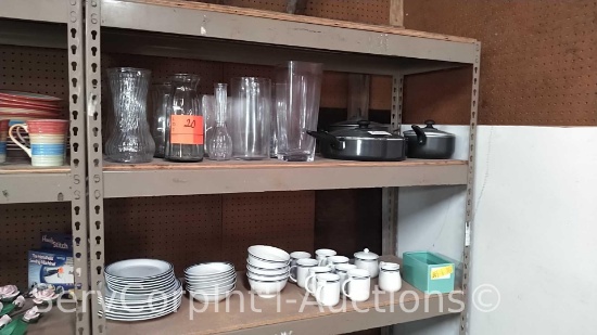 Lot on 2 Shelves of Various Vases, Pots/Pans, Dishes