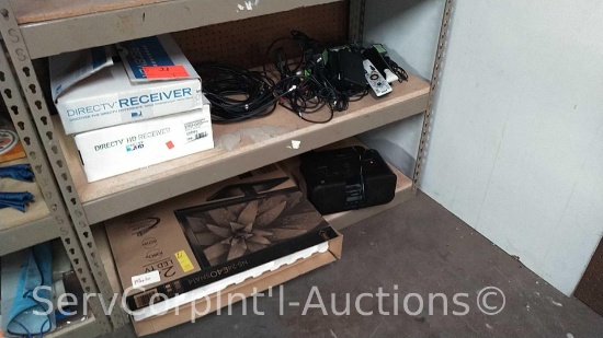 Lot on 2 Shelves of Insignia 24" TV-No Remote, Direct TV Receivers, Insignia Radio, Audio Cords