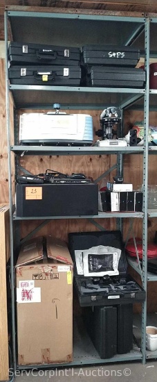 Lot on 4 Shelves of Microscopes, Camera, Spectrometer, Forensic Lights & GPS