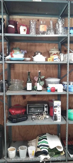 Lot on 5 Shelves of Various Kitchen Items & Appliances