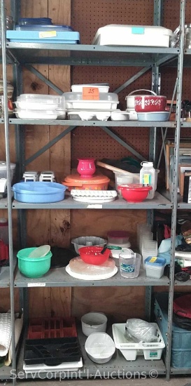 Lot on 5 Shelves of Various Containers, Trays, Etc