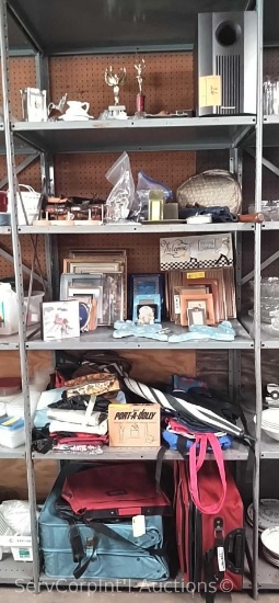 Lot on 5 Shelves of Various Picture Frames, Umbrellas, Luggage, Candles, Landline Phones, Home Decor