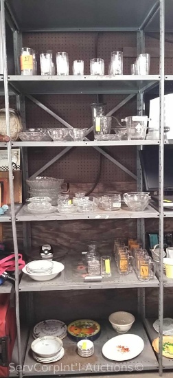 Lot on 7 Shelves of Various Drinking Glasses, Bowls, Serving Platters, Popcorn Bowls,