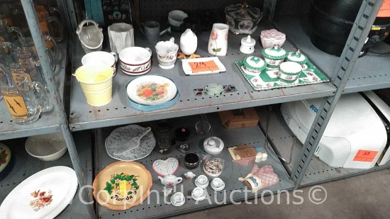Lot on 2 Shelves of Various Soup Cups, Vases, Decorative Platter, Pie Tray, Home Decor