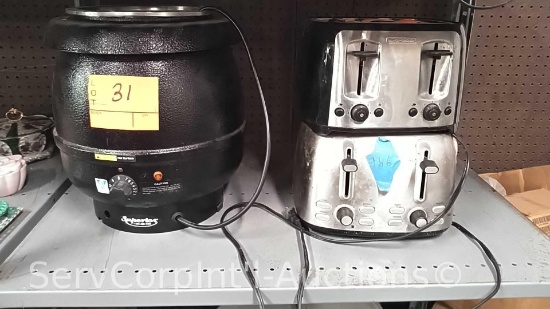 Lot on Shelf of Superior Soup Warmer, Oster 4-Slice Toaster, Black & Decker 4-Slice Toaster