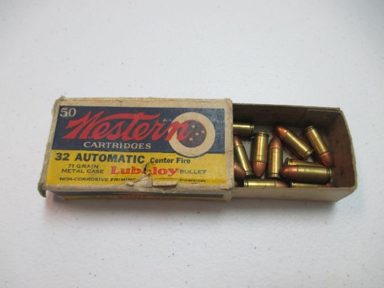 A-23 OLD Box WESTERN Cartridges 32 Auto Ammo71 gr metal case.  14 rounds left