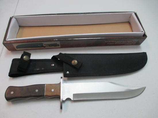 jr-32 Brand new 14in Alamo Bowie knife with wood handle and staniless steel guard plus a sheath.