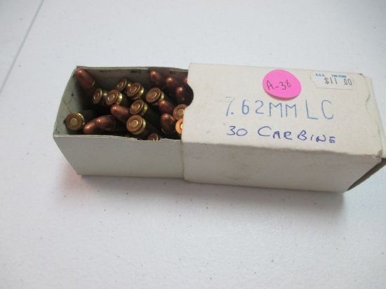 A-38 7.62 mm 30 Carbine cartridges in box about 35 rounds