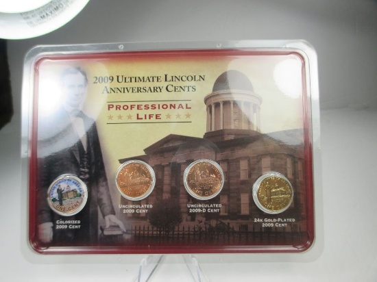 jr-8 2009 Ultimate Lincoln Anniversary Cents Set. 2009 Colorized Cent, Gold Plated Cent and the P-D