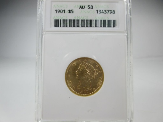 jr-7 ANACS AU-58 1901 $5 U.S. Gold Liberty Head.