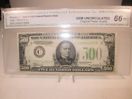 jr-1 1934-C $500 Federal Reserve Note CGA Graded MS-66. This is an EXCEPTIONAL quality $500 bill you