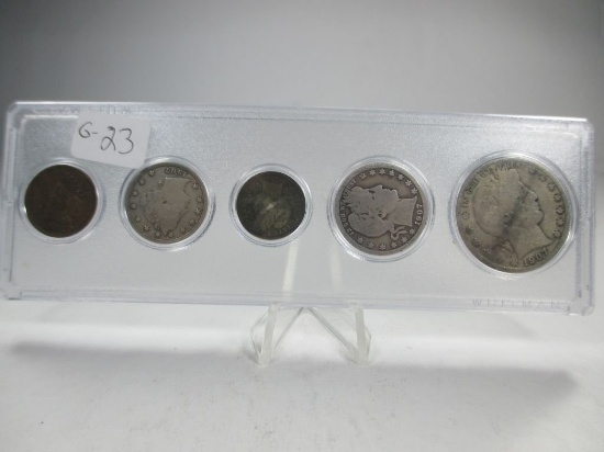 g-23 1907 Type coin set in circulated condition. Silver half, quarter and dime as well as a nickel a