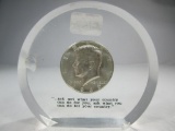 v-157 1969 40% Silver Kennedy Half Dollar paper weight. Ask not what your country can do for you, As