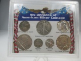 v-199 Six Decades of American Silver Coins. 3 Silver Half Dollars, Silver Quarter, 2 Silver Dimes an