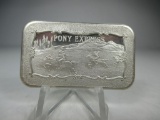 jr-173 RARE Vintage Pony Express 1oz .999 Silver Bar. Cowboy getting chased by Indian on obverse