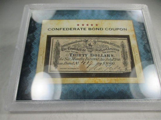 h-48 1864 Confederate $1,000 Bond Coupon in plastic holder