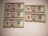 c-25 ODD Serial Number $5 Bills 5 Pieces Total. 33333305, 44444402, 55555531, 77777727, 11111105