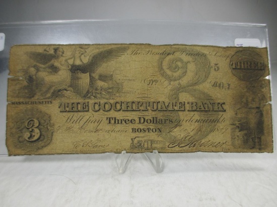 t-109 1859 The Cochituate Bank of Mass. 3 Dollar Bill.