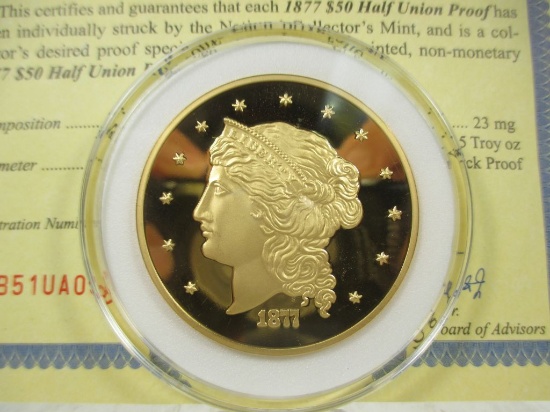 t-20 HUGE 24Kt Gold Plate 1877 $50 US Gold Piece Comm. Coin with COA