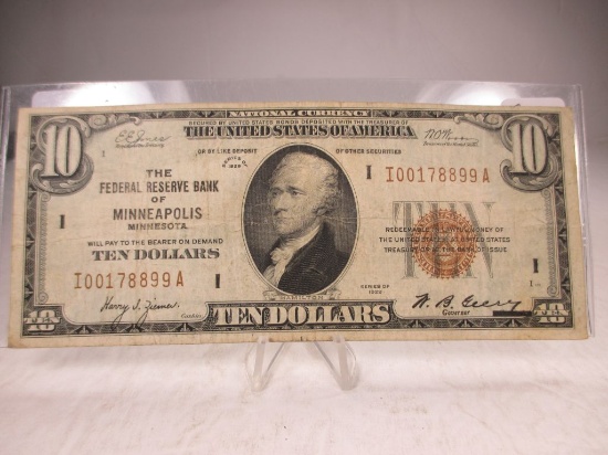 t-35 1929 Federal Reserve Bank of Minneapolis $10 Brown Seal Note