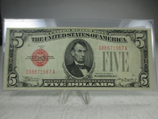 t-66 XF+ 1928-A $5 Red Seal Legal Tender Note