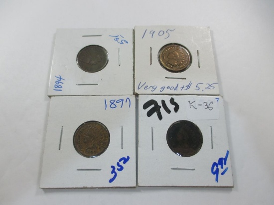 k-36 4 Indian Head Cents 1909, 1905, 1897, 1894