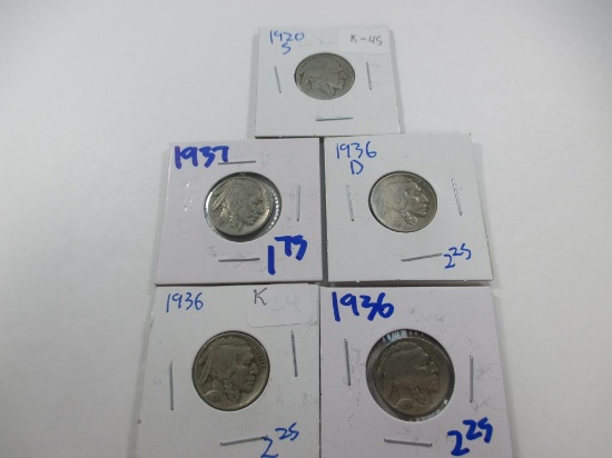 k-45 5 Buffalo Nickels 1920-S, 2x 1936, 1936-D, 1937