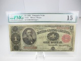 t-184 PMG 15 Choice Fine 1 Dollar 1891 Treasury Note, Error Small Ink Smear