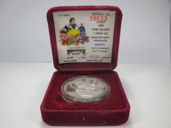 m-19 Vintage Collector 1987 Snow White and The Seven Dwarfs "Happy" 1 Ounce .999 Silver Round Serial