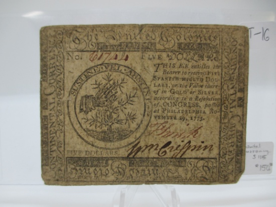 t-16 1775 $5 Colonial Currency