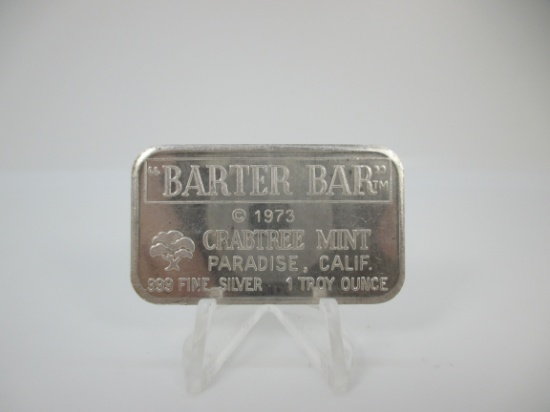 t-18 Vintage 1973 Crab Tree Mint Barter Bar 1 Ounce .999 Silver Bar