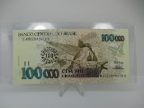 t-160 Brazil 100,000 Cruzeiros Bank Note 100 Stamped