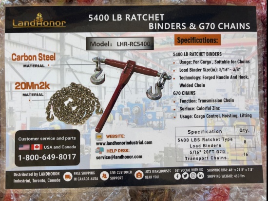 8 Ratchet Type Load Binders w/ 16 20ft Chains
