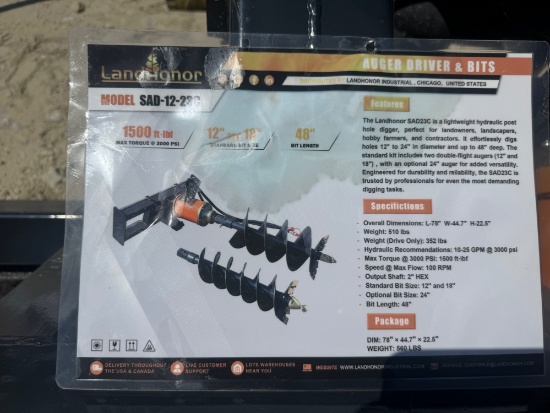 2026 Landhonor Skid Steer Loader Auger Driver & 12" & 18" Bits