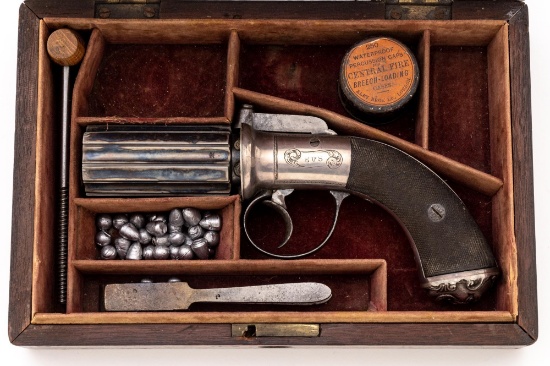 Antique Cased British Bar-Hammer Pepperbox Revolving Pistol of High Quality, but Unmarked