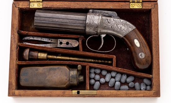 Antique Cased Allen & Thurber Double-Action Bar-Hammer Revolving Pepperbox Pistol