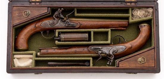 Antique Cased Pair of English Brass-Barrel Dueling Pistols, by William Allport