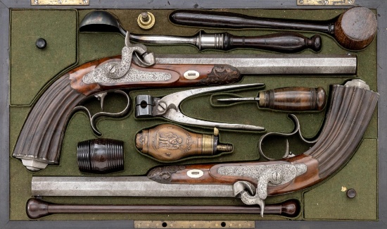 Antique Cased Matched Pair of Engraved Belgian Large-Bore Percussion Dueling Pistols