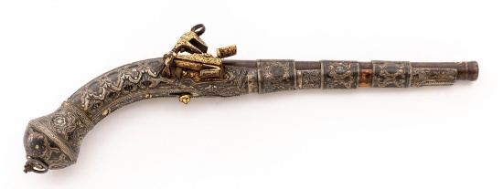 Antique Mediterranean-Ottoman Miquelet Pistol, Sheathed in Repousse Silver Panels w/Gold Inlay