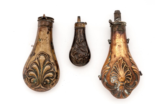 Lot of Three (3) Antique Brass & Copper Powder Flasks