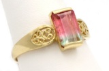 14K Gold Emerald Cut Watermelon Tourmaline Ring