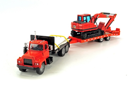 Mack Flatbed w/Tag Trailer & Cat Excavator - Orange