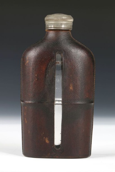 Glass Flask With Full Leather Cover & Pewter Cap