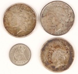 1854 Seated Liberty Quarter Dollar and Peace Silver Dollars (3)